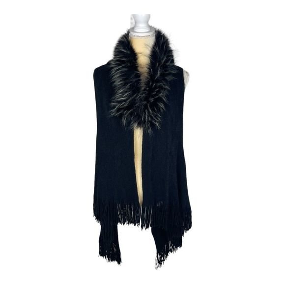 Kensie Black‎ Vest with Faux Fur Trim Fringe at Hem One Size NWT - Picture 1 of 9